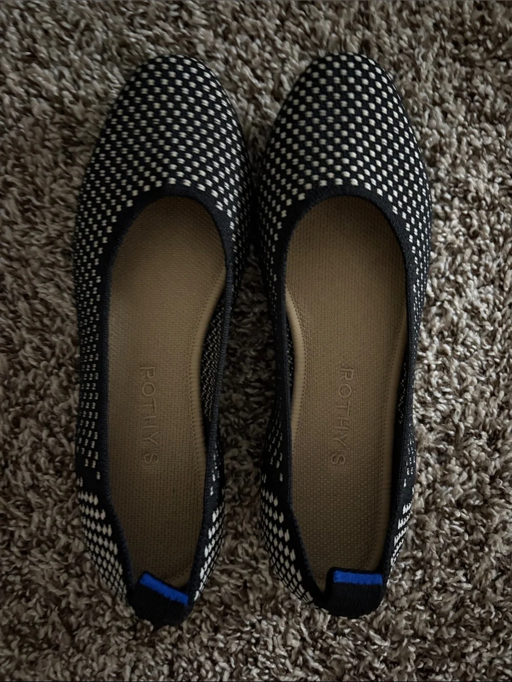 Rothy's Black & White Knit Ballet Flats with Blue Heel Tab